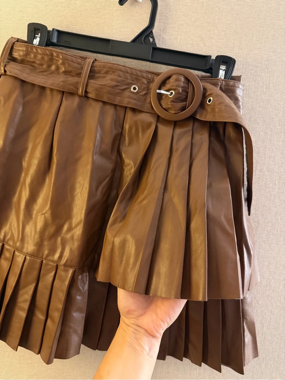 Women’s Brown Pleated Faux Leather Mini Skirt with Belt